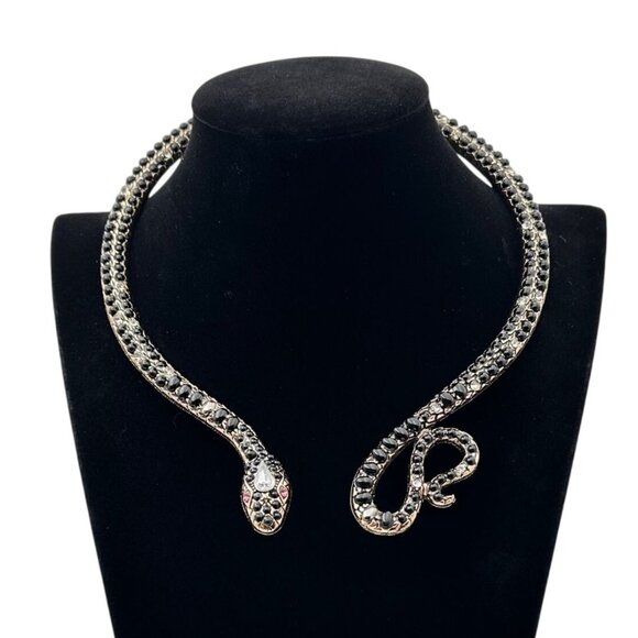 Egyptian Revial Black Pink Rhinestone Gold Snake Collar Statement Necklace - Picture 2 of 5